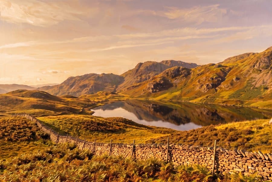 Oil painting of a landscape of lakes and hills