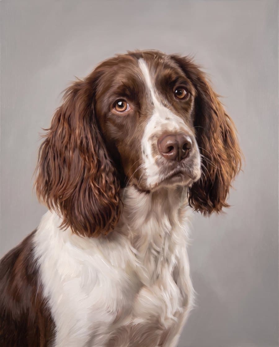 Oil painting of a spaniel standing in a field