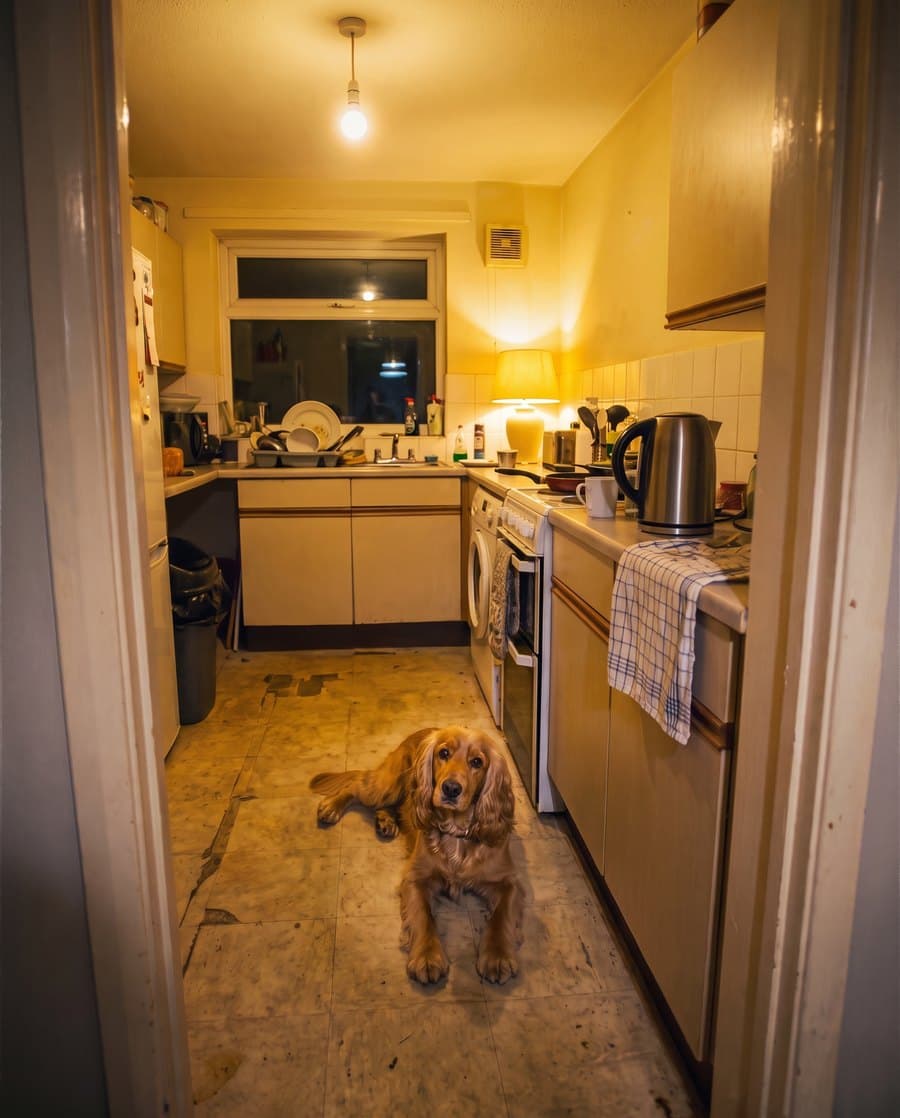The room painted as it was — the kitchen, the light, the day it was taken.
