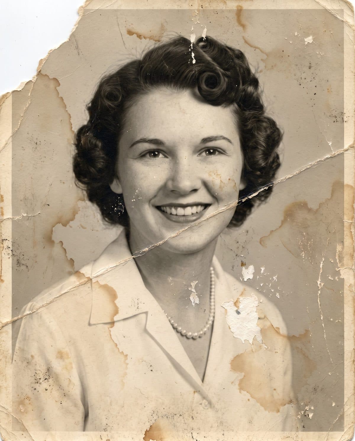 Example: a torn, creased and water-stained black-and-white portrait photograph