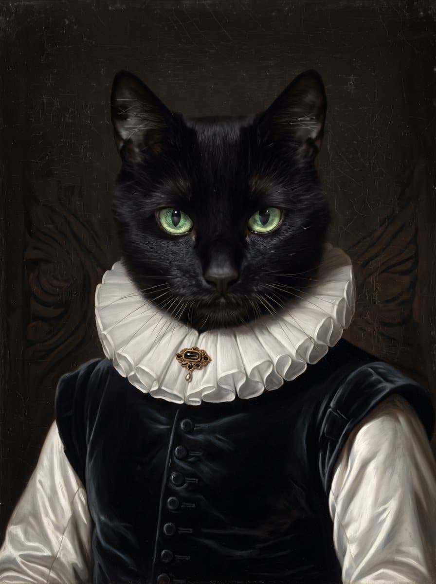 A black cat, painted as a Dutch Golden Age portrait in The Sitting Room from the photograph shown