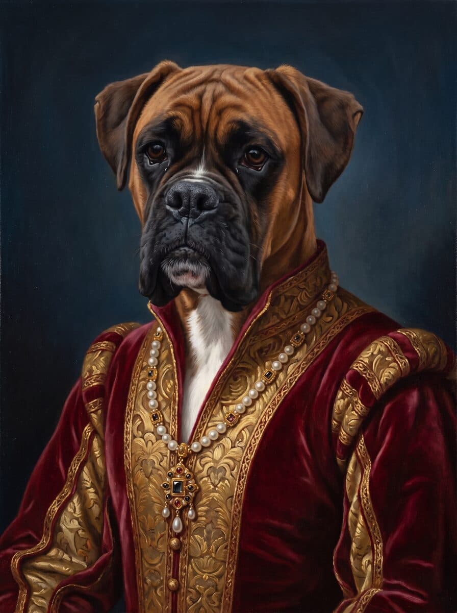 A boxer, painted as a Tudor court portrait in The Sitting Room from the photograph shown