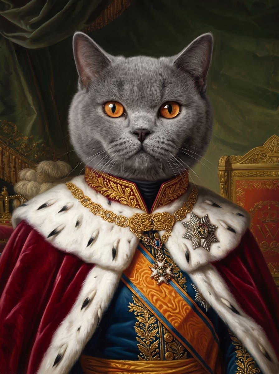 A British shorthair, painted as a Napoleonic general portrait in The Sitting Room from the photograph shown