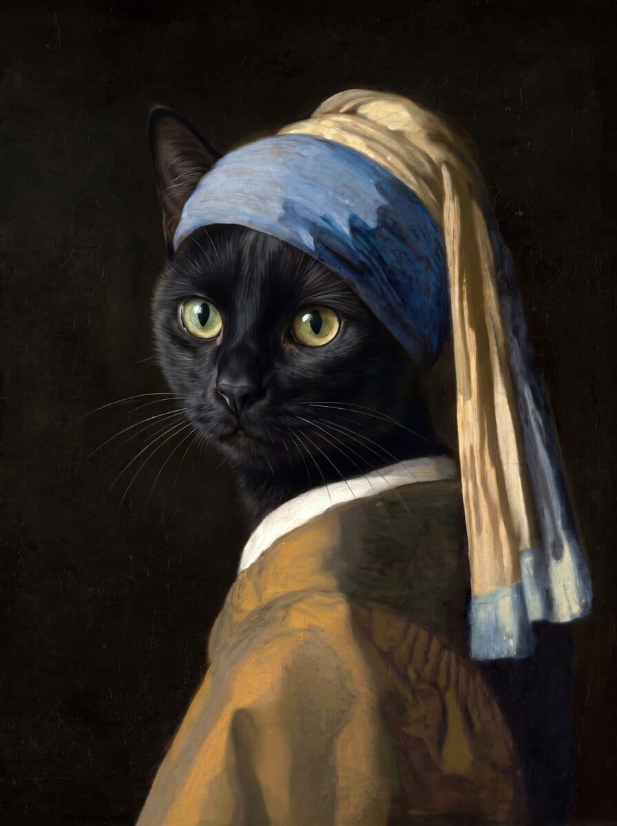 A cat, painted as a Dutch Golden Age portrait in The Sitting Room from the photograph shown