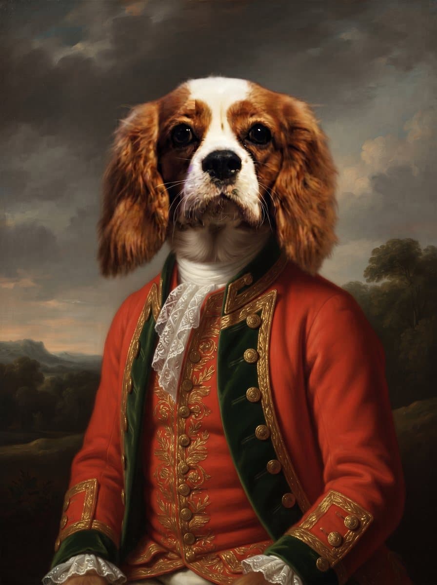 A Cavalier, painted as a Regency ballroom portrait in The Sitting Room from the photograph shown