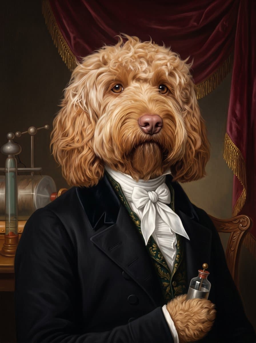 A cockapoo, painted as a Regency ballroom portrait in The Sitting Room from the photograph shown