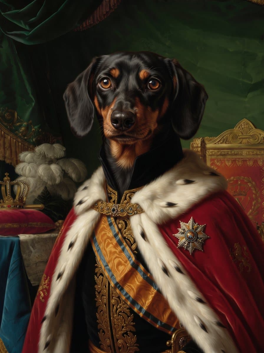 A dachshund, painted as a Napoleonic general portrait in The Sitting Room from the photograph shown