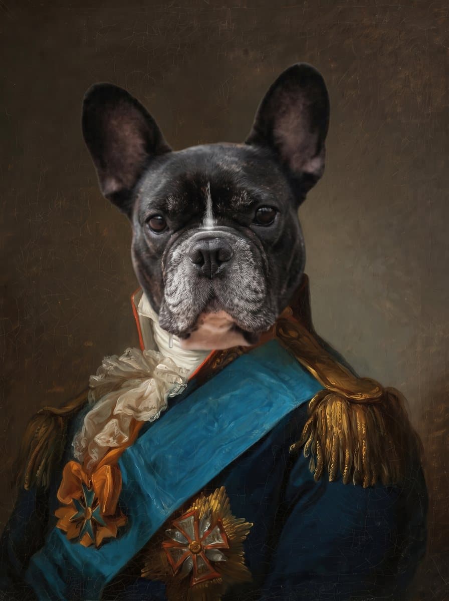 A French bulldog, painted as a Napoleonic general portrait in The Sitting Room from the photograph shown