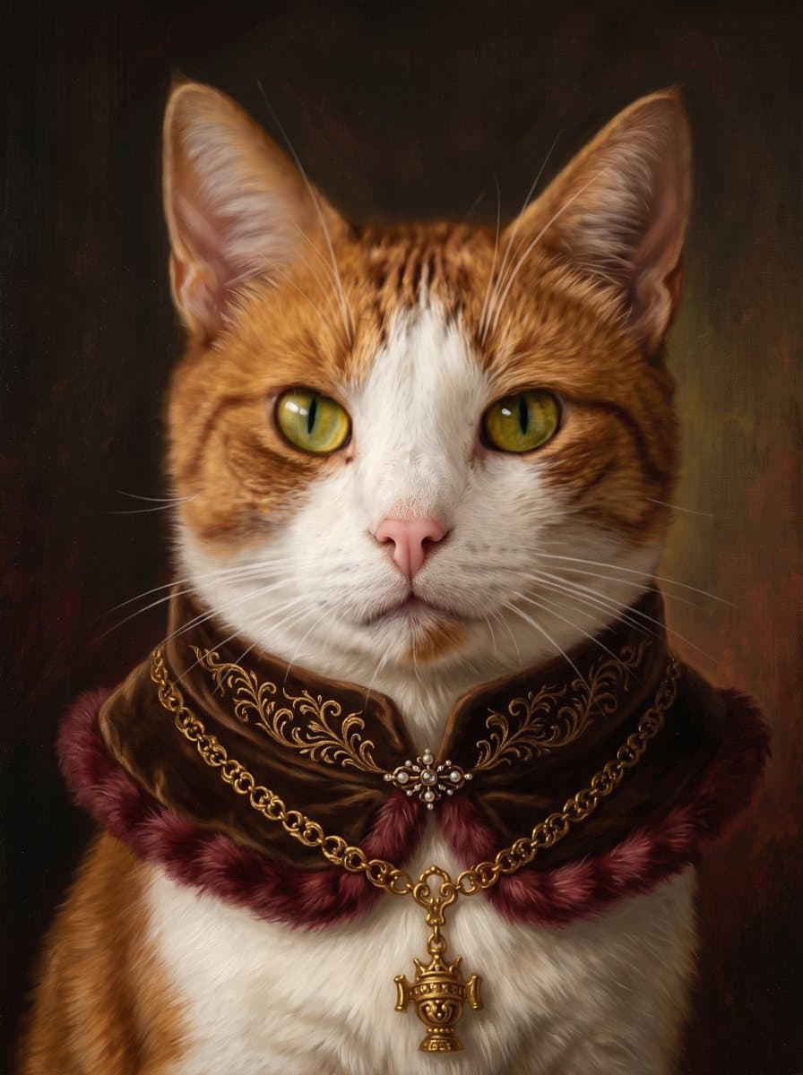 A ginger cat, painted as a Tudor court portrait in The Sitting Room from the photograph shown