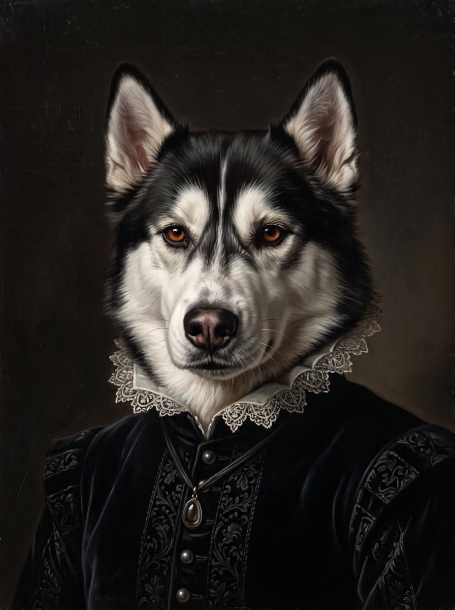 A husky, painted as a Dutch Golden Age portrait in The Sitting Room from the photograph shown