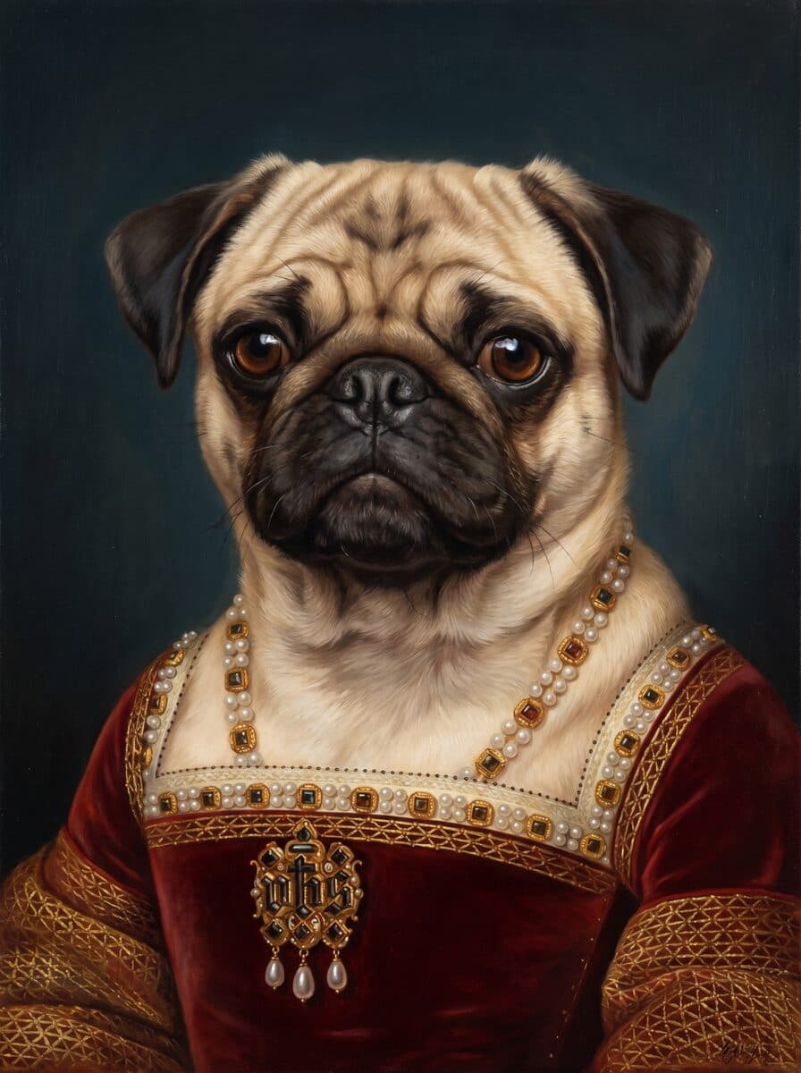 A pug, painted as a Tudor court portrait in The Sitting Room from the photograph shown