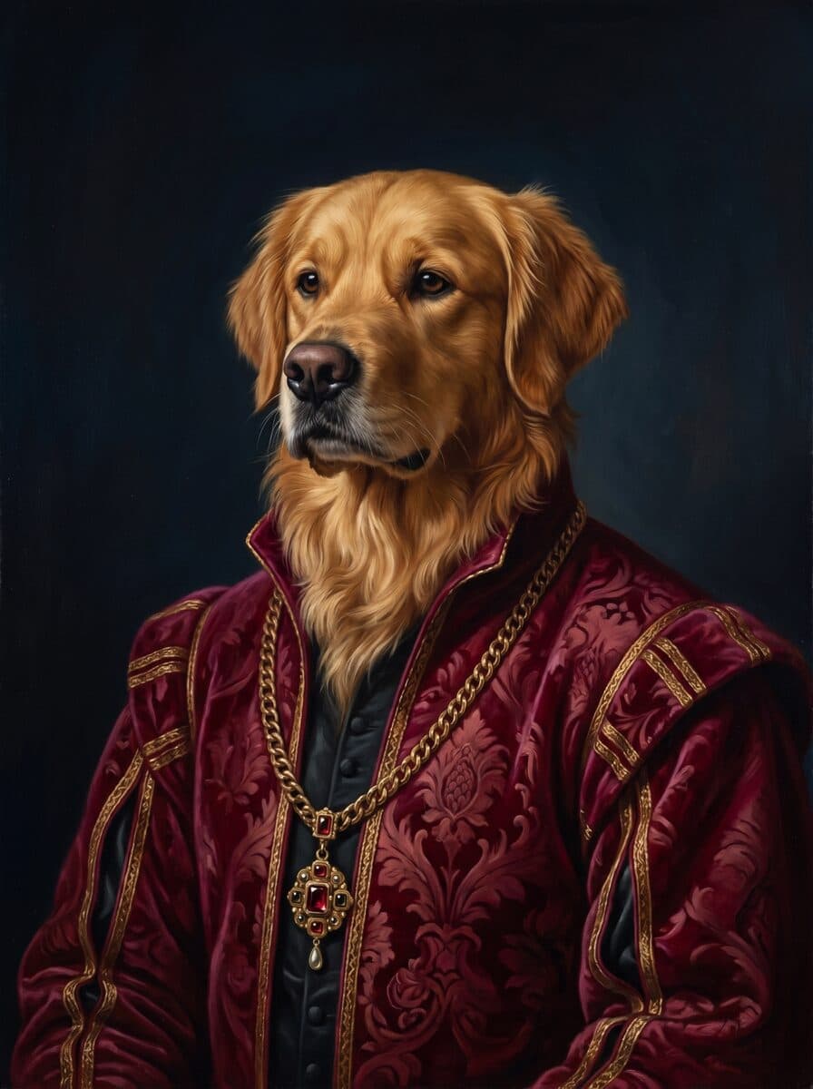 A retriever, painted as a Tudor court portrait in The Sitting Room from the photograph shown
