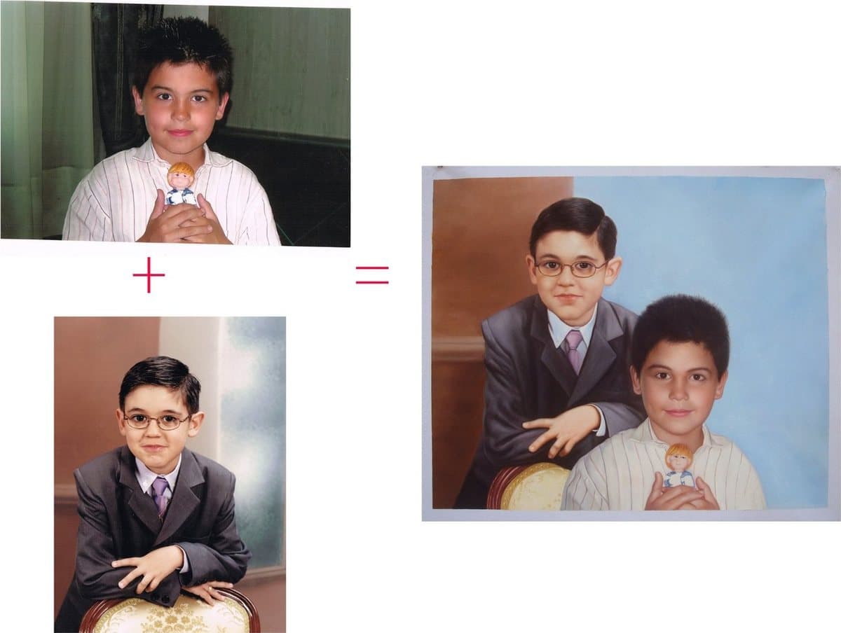 Two separate photographs of two boys, and the single oil painting made from them