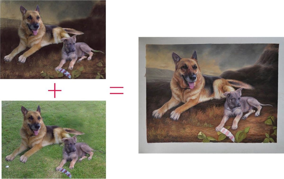 Two photographs of two dogs, and the single oil painting made from them