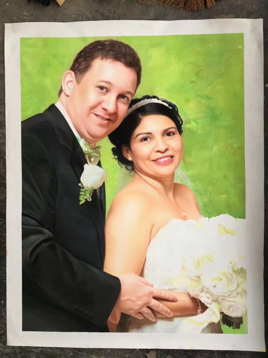 Oil painting of a bride and groom
