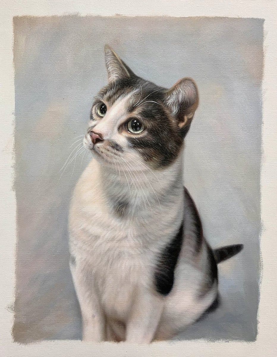 Oil painting of a tabby and white cat