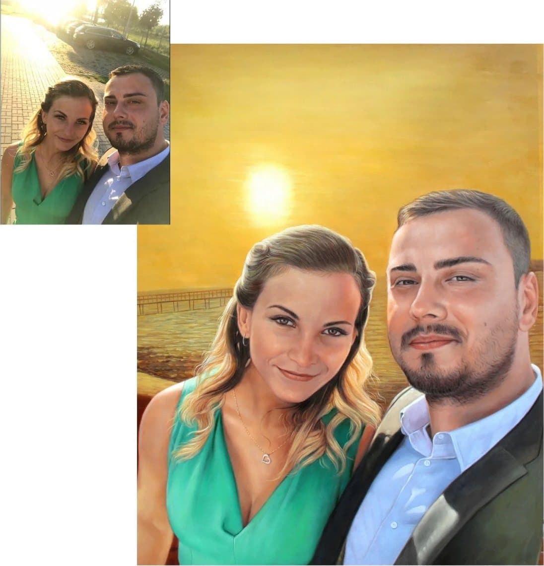 Oil painting of a couple painted against a sunset, with the original photo in the corner