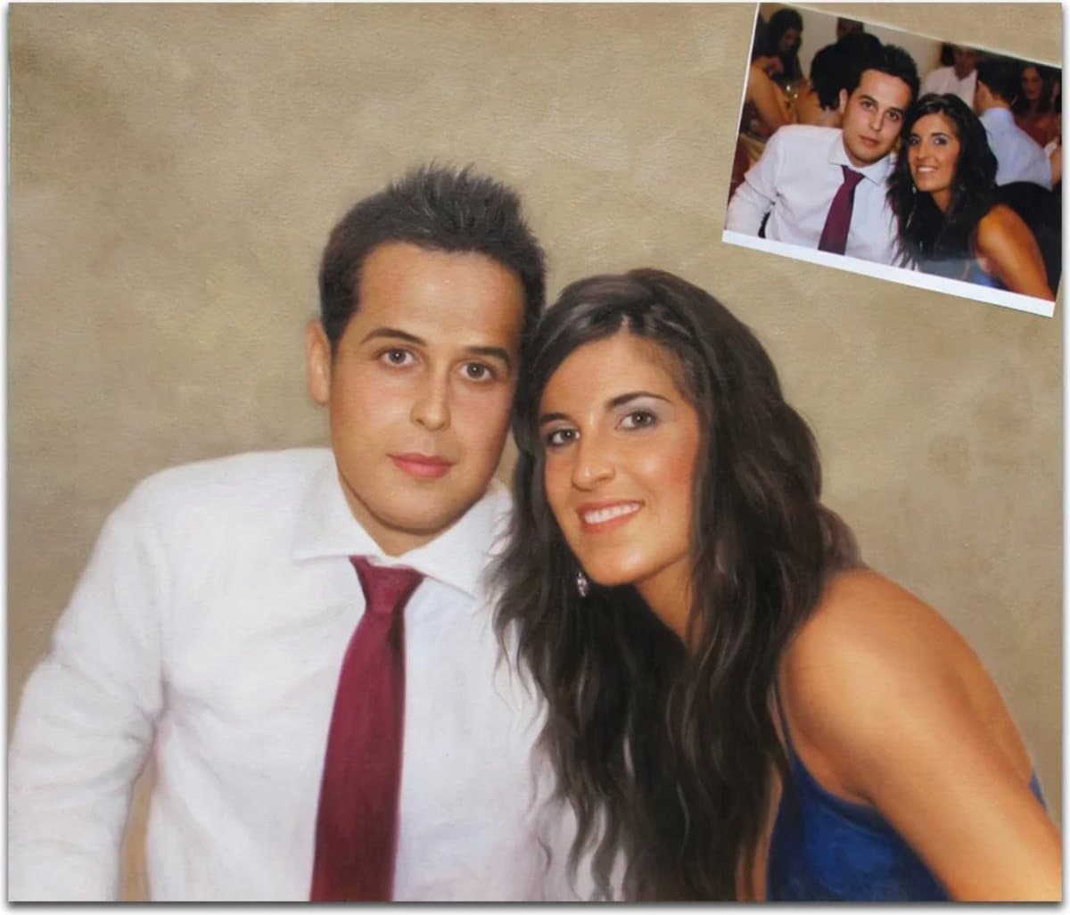 Oil painting of a couple, beside the photo it was painted from