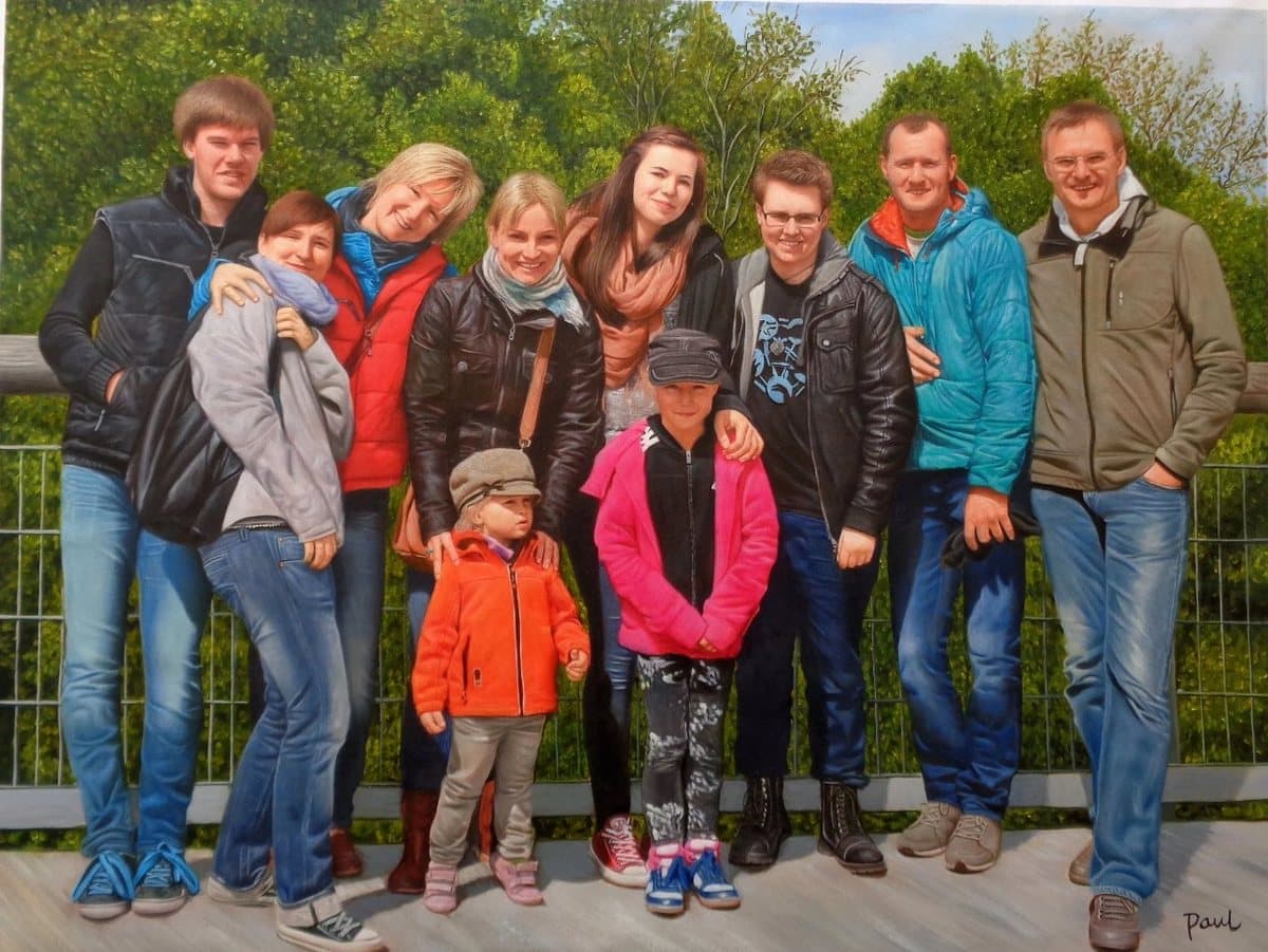 Oil painting of a large family group outdoors