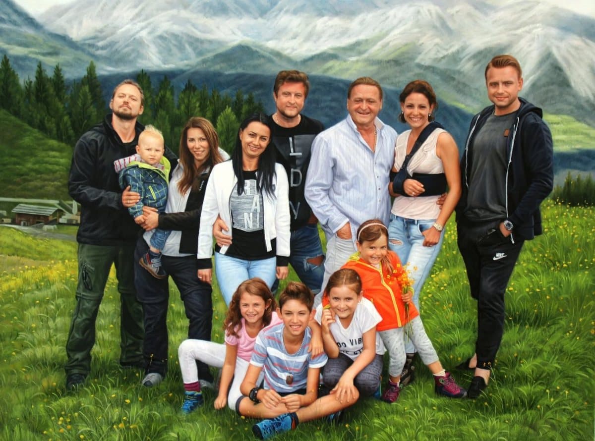 Oil painting of a large family with mountains behind them