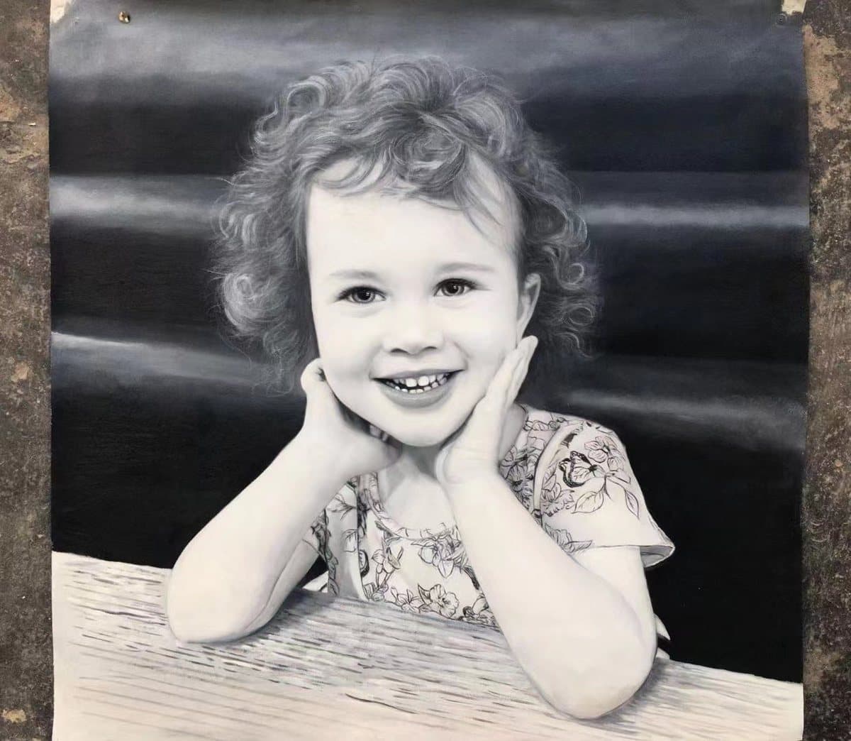 Oil painting of a little girl, painted in black and white