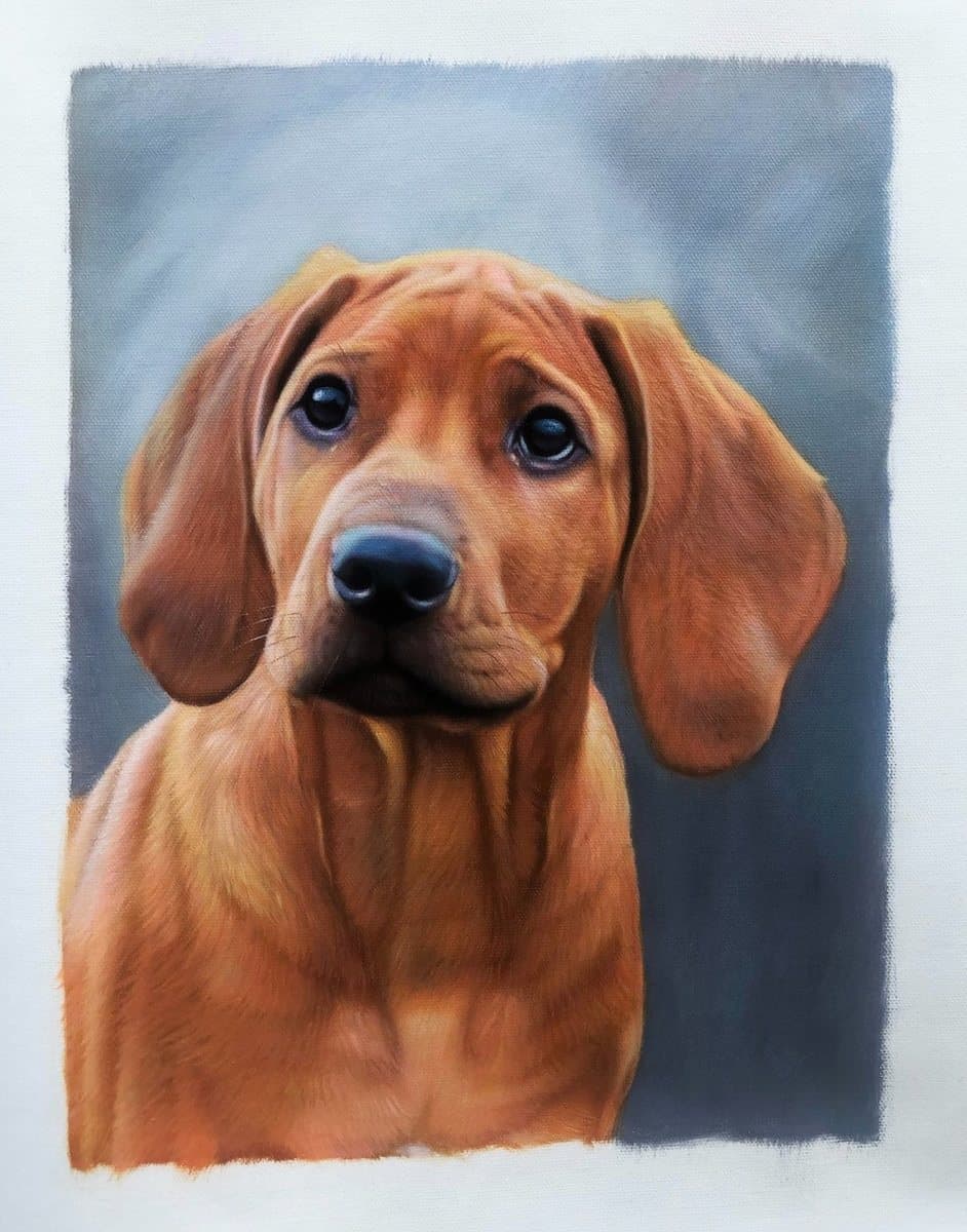 Oil painting of a hound puppy with long ears