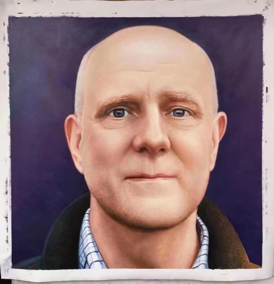 Oil painting of a man in a checked shirt