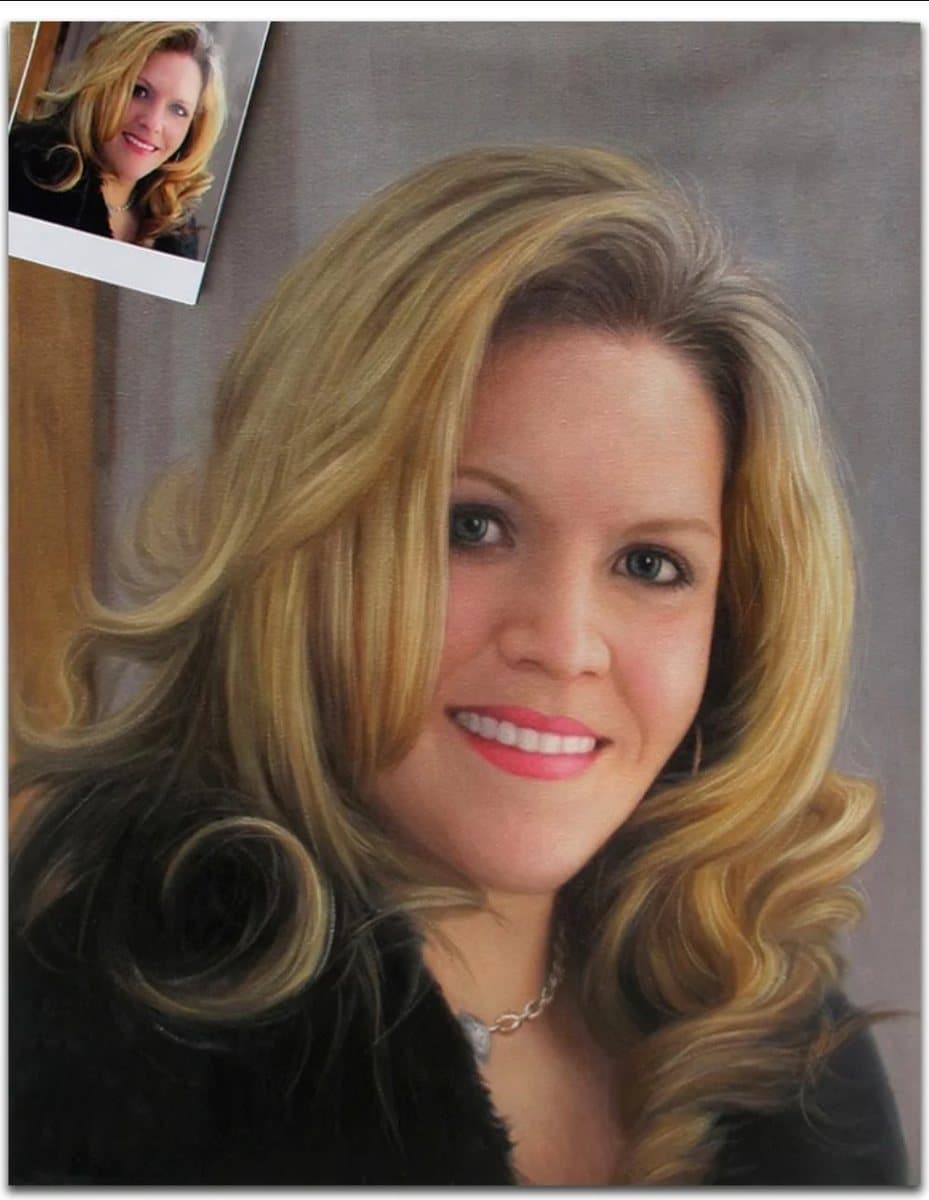 Oil painting of a woman with long fair hair, beside the photo it was painted from