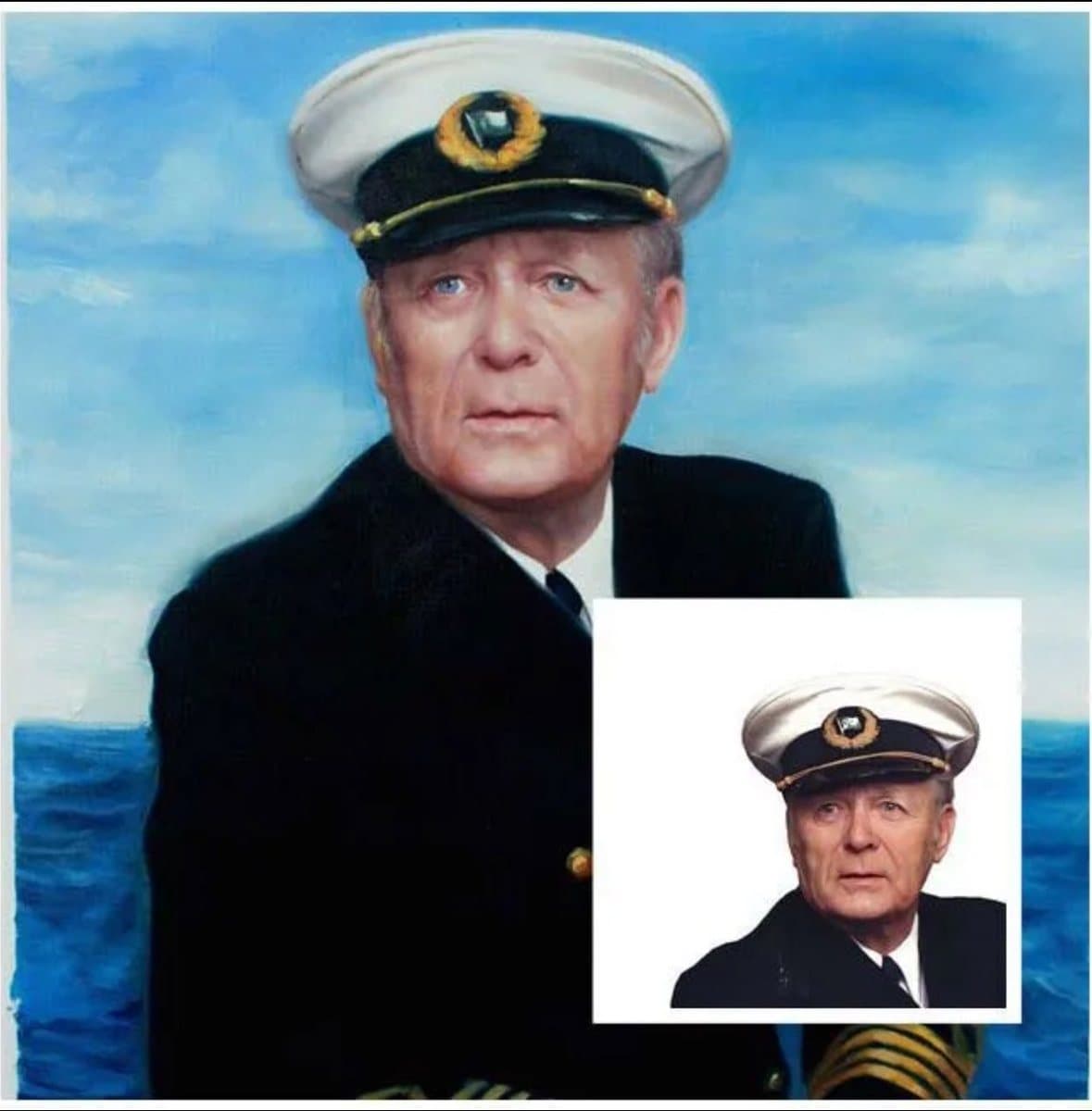 Oil painting of a ship's captain, beside the photo it was painted from