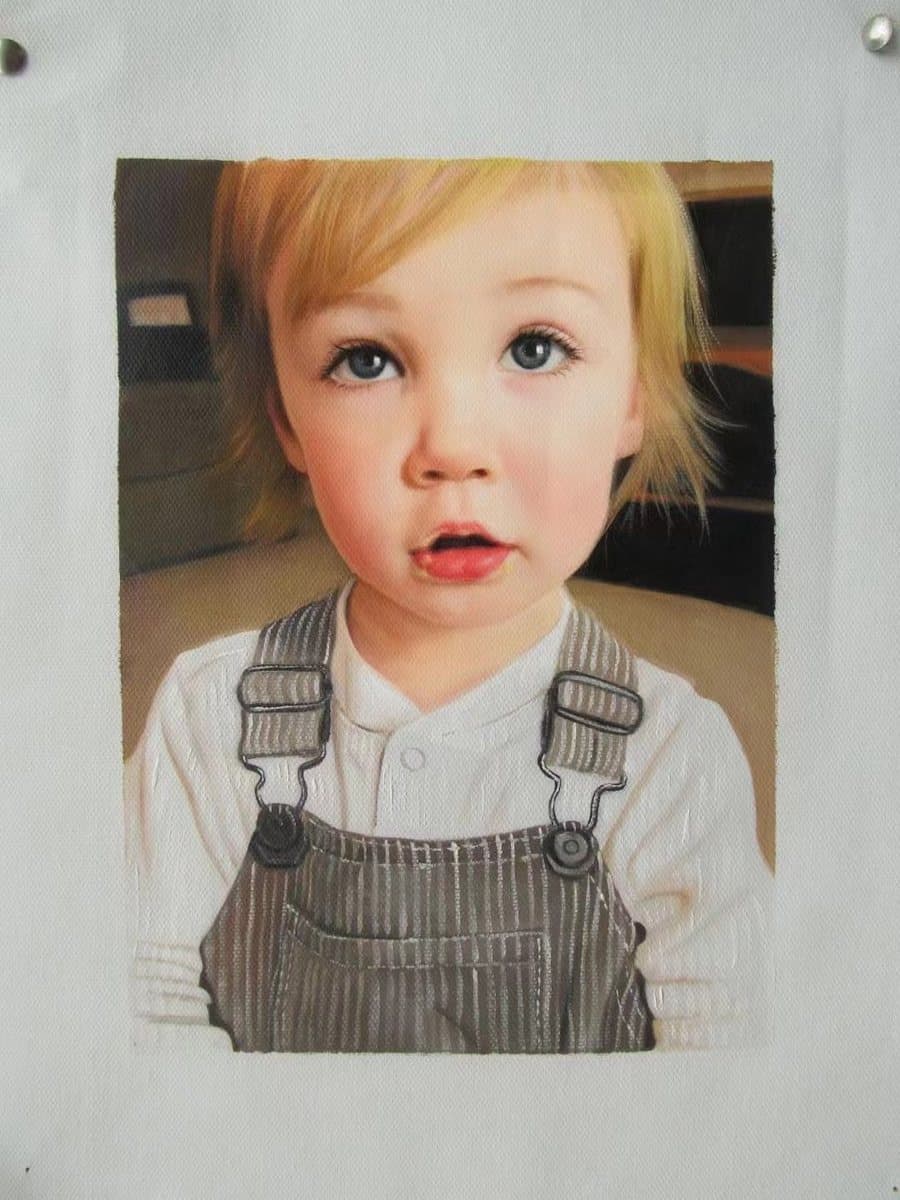 Oil painting of a toddler in striped dungarees