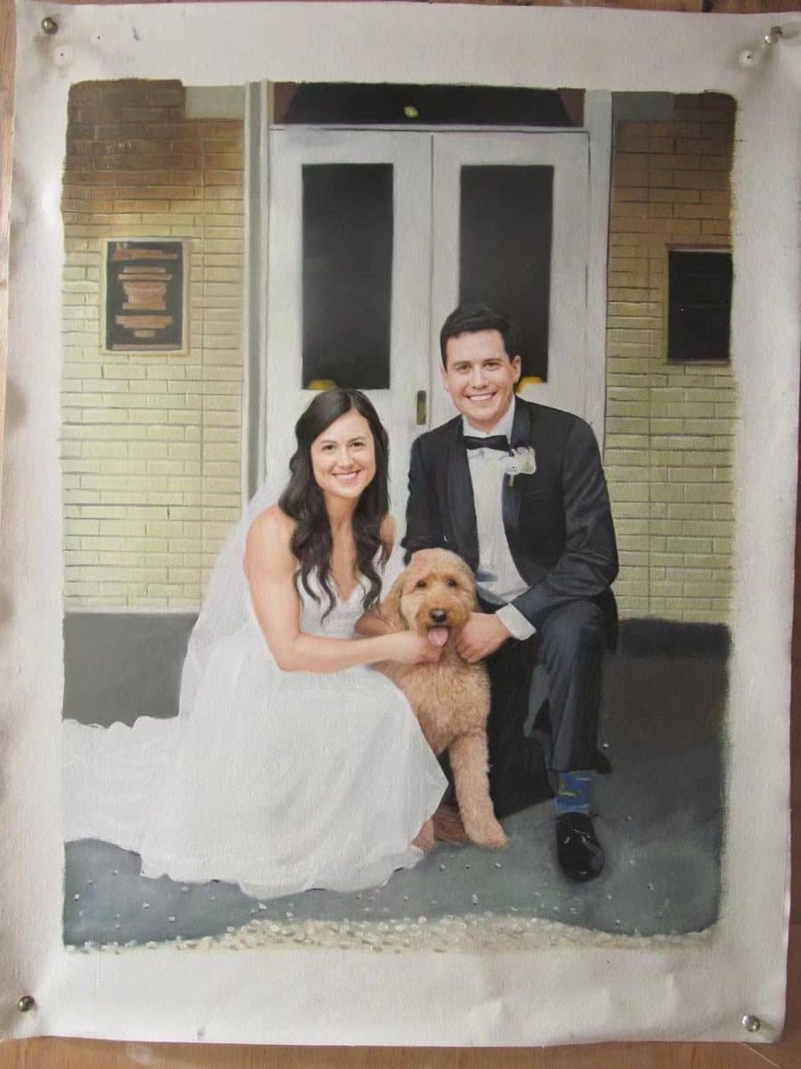 Oil painting of a bride and groom with their dog