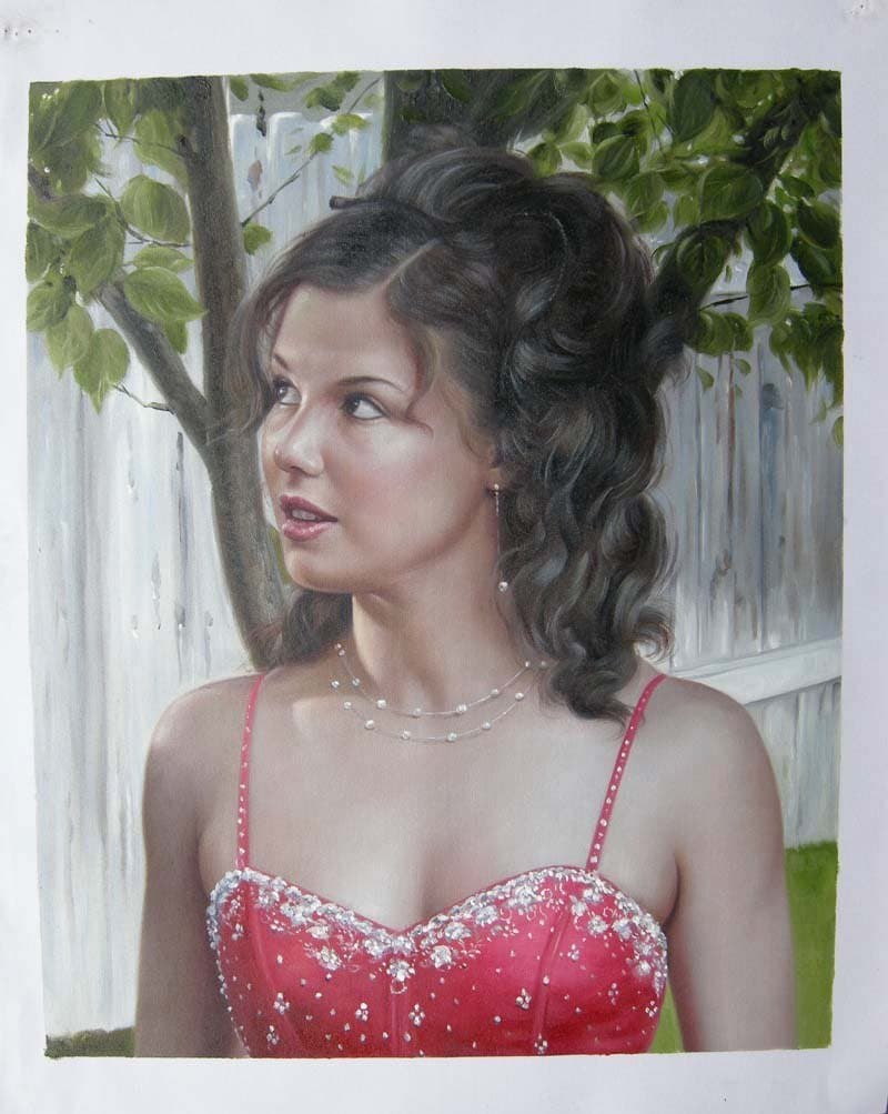 Oil painting of a young woman in a red dress
