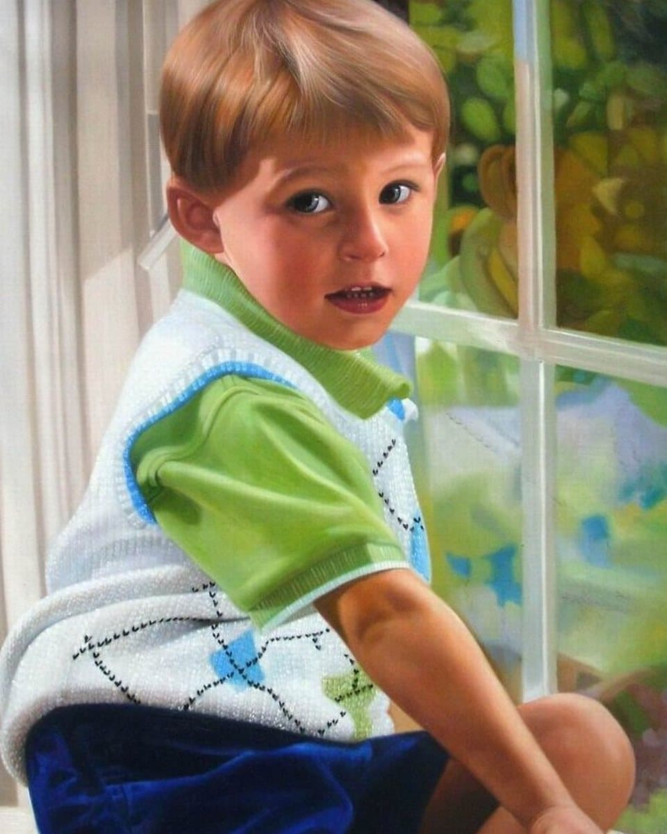 Oil painting of a young boy sitting by a window, hand-painted from a photograph
