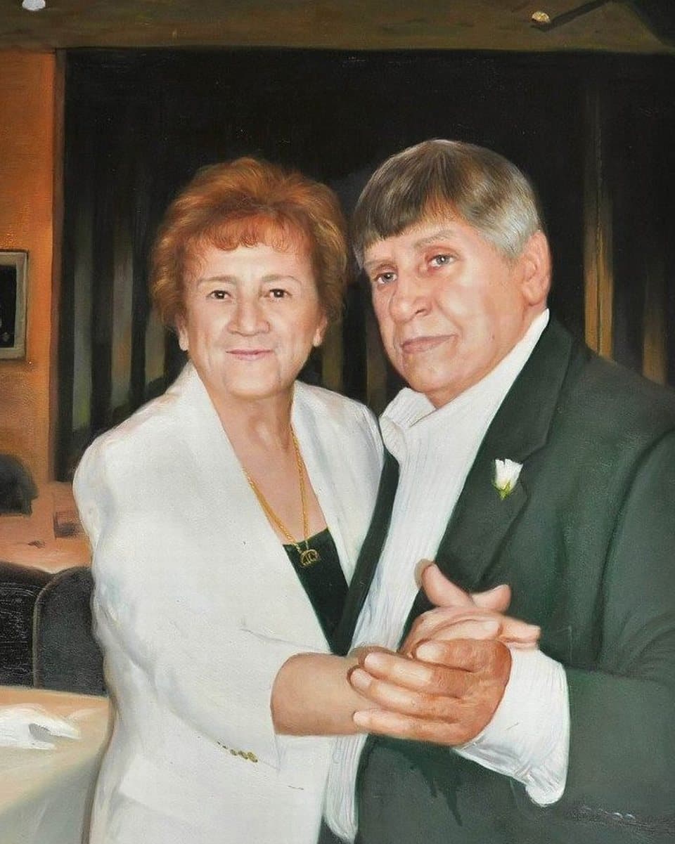 An older couple dancing, hand-painted in oil on canvas from a photograph