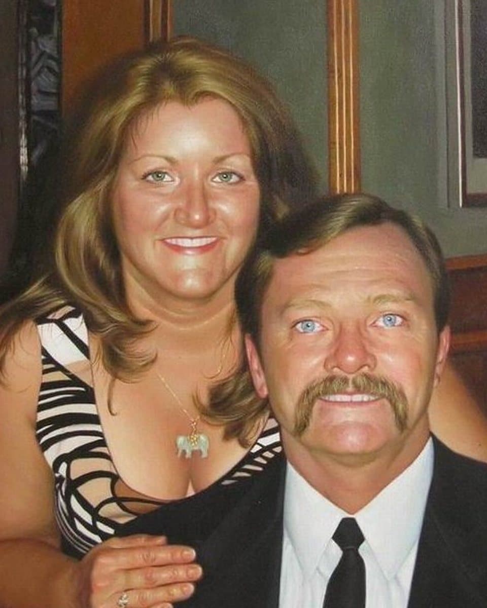 Oil painting of a smiling couple, hand-painted from a photograph