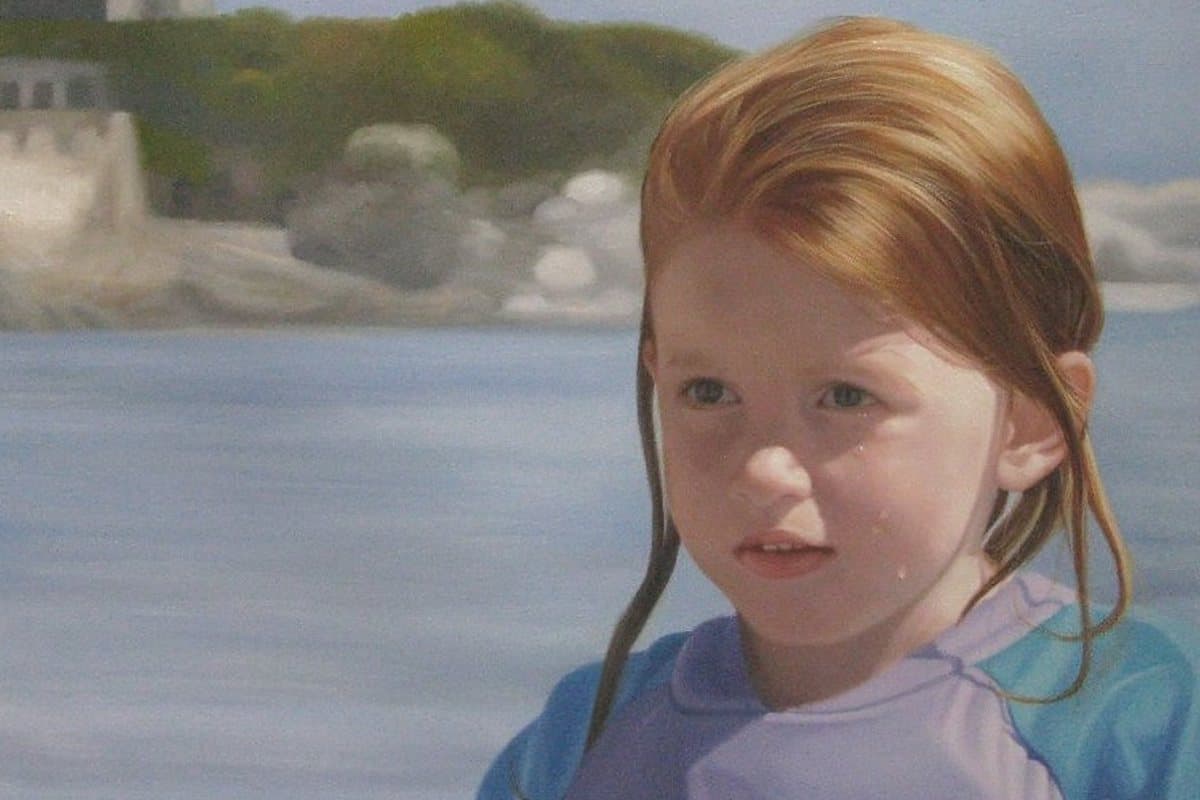 Oil painting of a little girl by the sea, hand-painted from a photograph