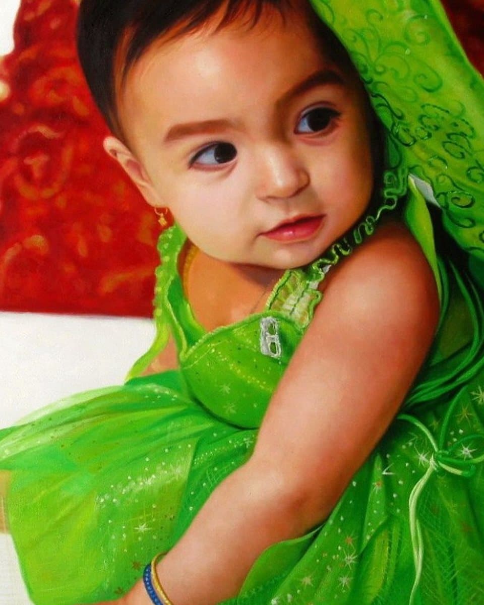 Oil painting of a little girl in a green dress, hand-painted from a photograph
