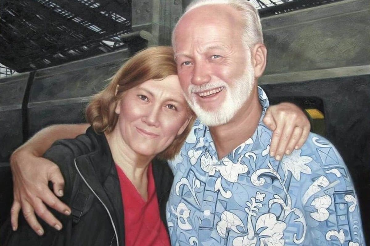 Oil painting of a couple, with her glasses left out