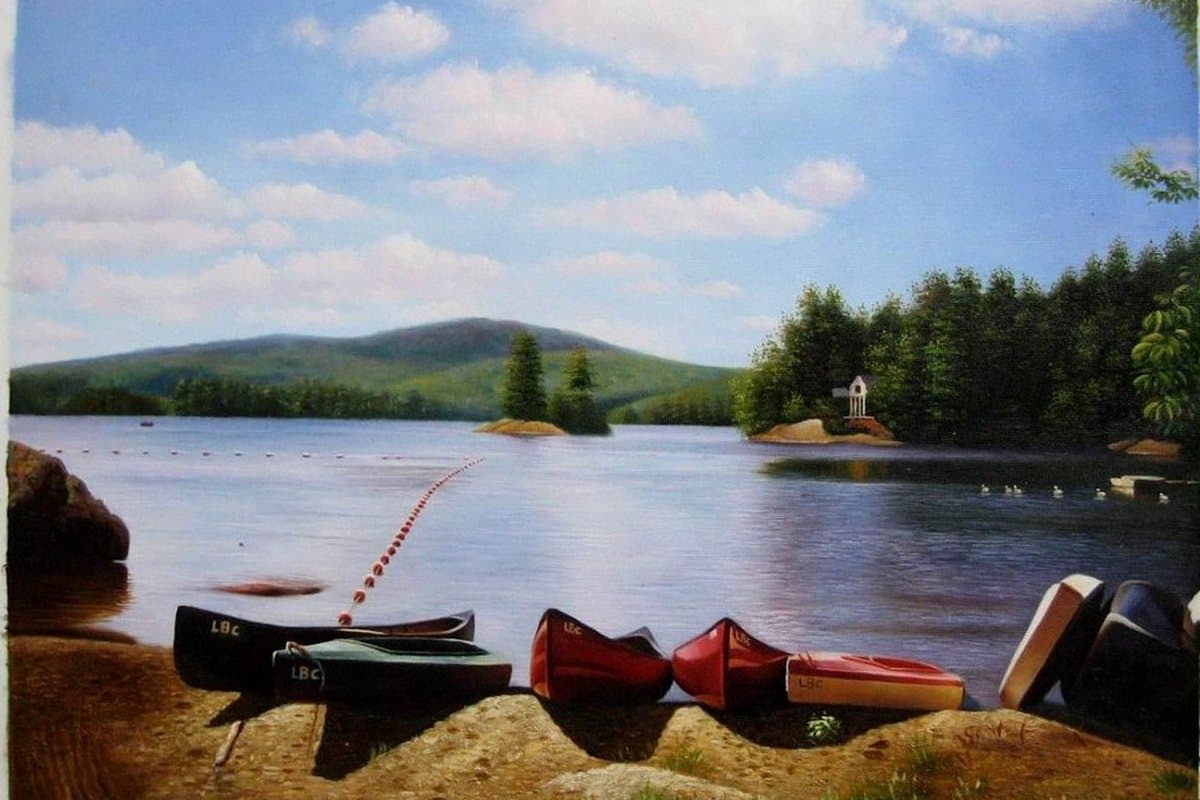 Oil painting of a lake shore with canoes pulled up on the sand, hand-painted from a photograph