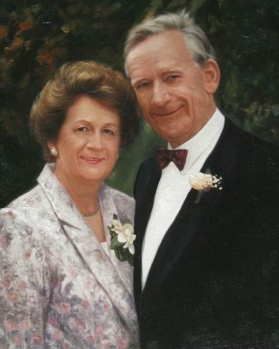 Oil painting of an older couple dressed for an occasion, hand-painted from a photograph