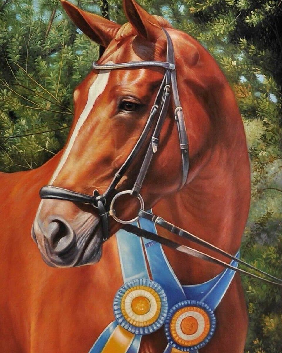 Oil painting of a chestnut show horse wearing its rosettes, hand-painted from a photograph