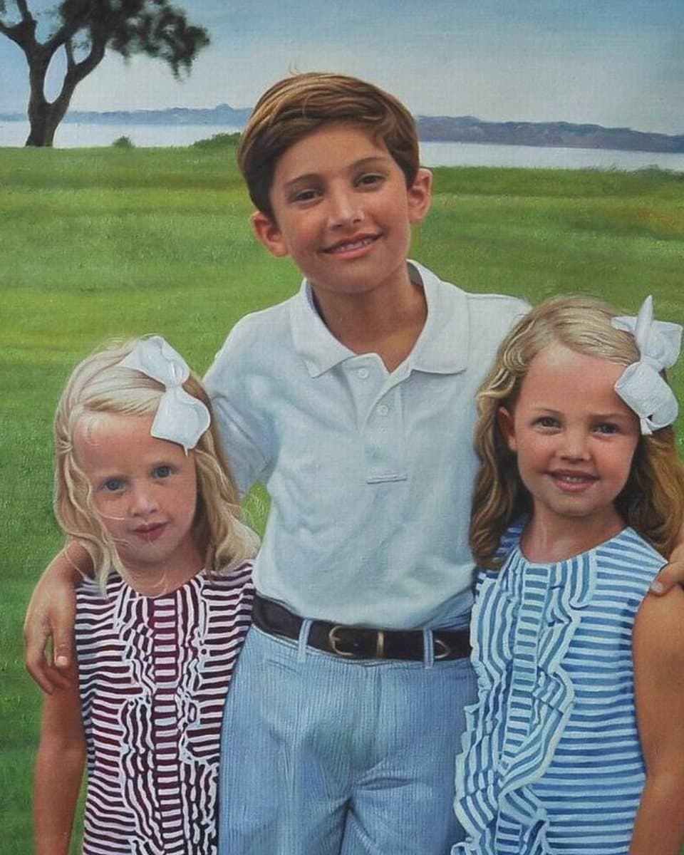 Oil painting of three young children standing together, hand-painted from a photograph