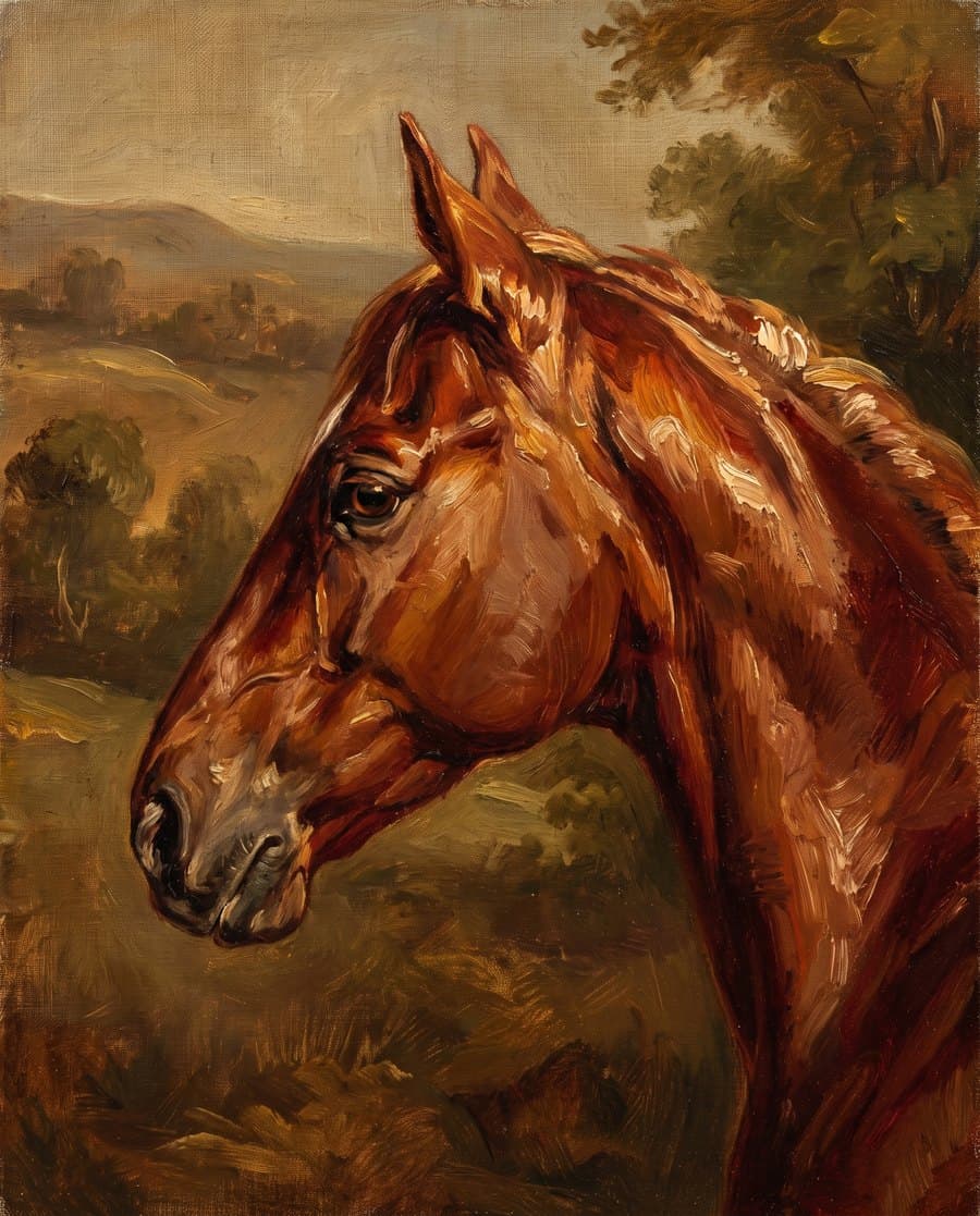 A chestnut horse hand-painted in oil on stretched canvas from a photograph