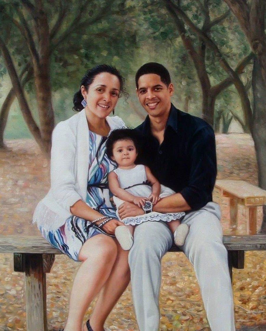 A family group hand-painted in oil on canvas from a single photograph