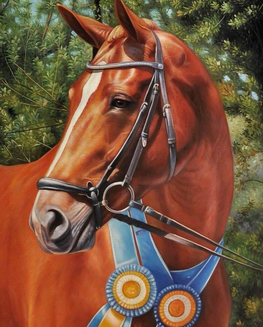 A chestnut horse hand-painted in oil on canvas from a photograph