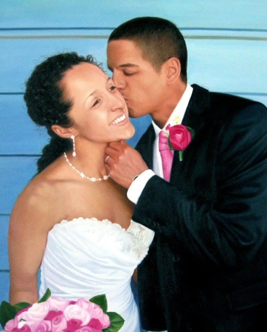 A bride and groom hand-painted in oil on canvas