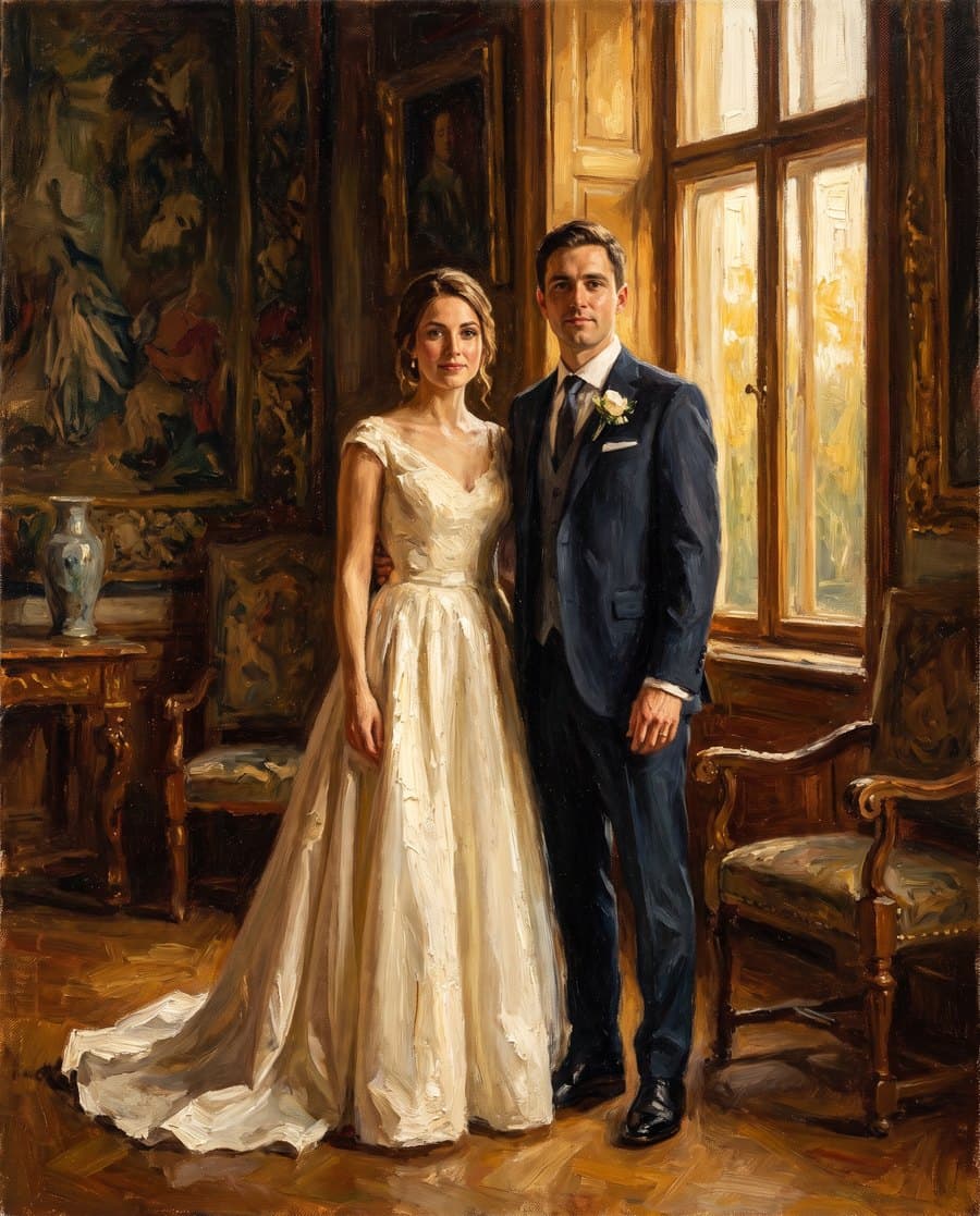 An old wedding photograph reworked as a hand-painted oil portrait on canvas
