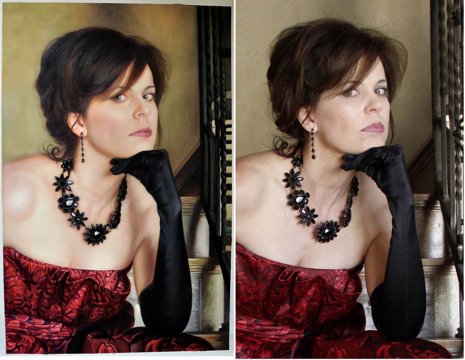 Woman Red Dress Black Necklace