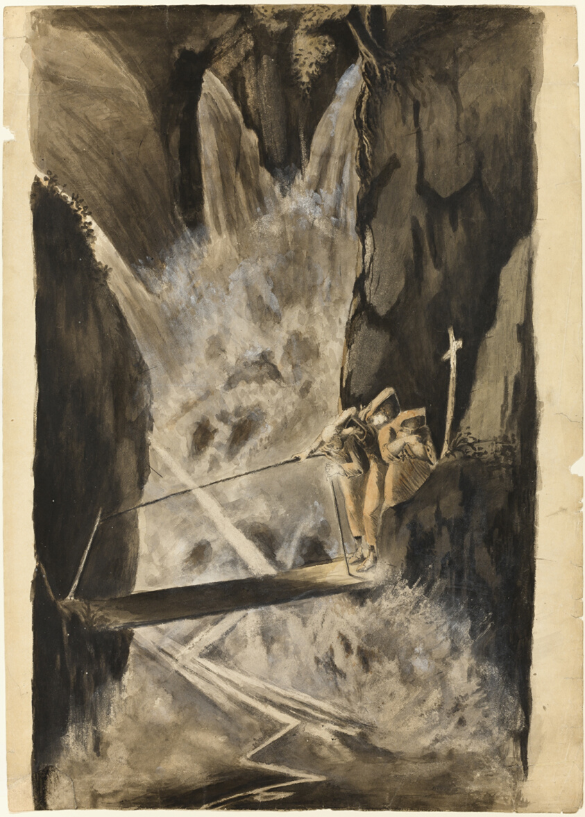 Three Monks Crossing a Bridge Over a Cataract by Unknown