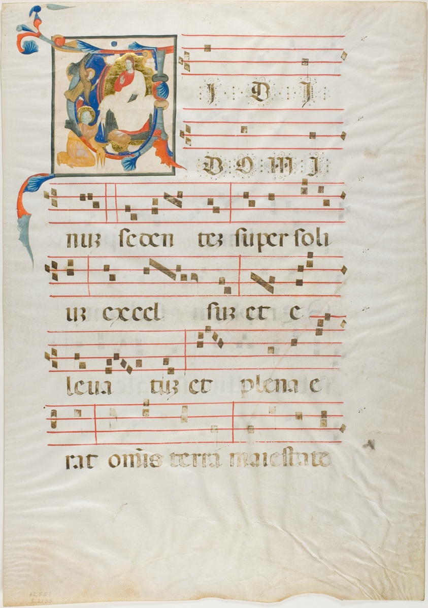 Saint Kneeling Before God Enthroned in a Historiated Initial "V" from an Antiphonary by Neri da Rimini